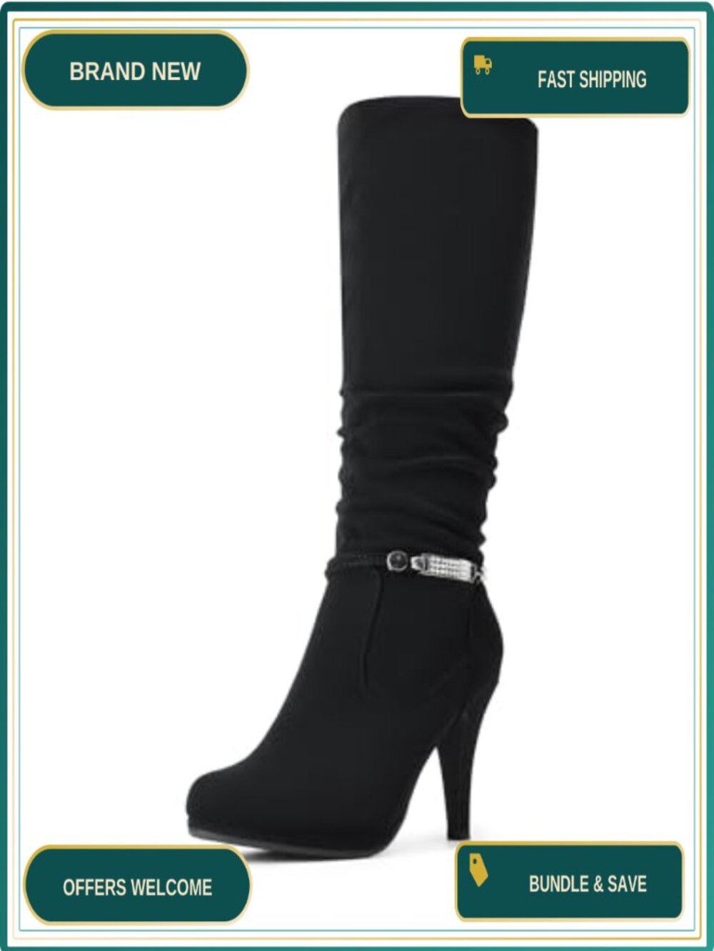 Knee High Stiletto Platform Boots Faux Fur Lining Rhinestone